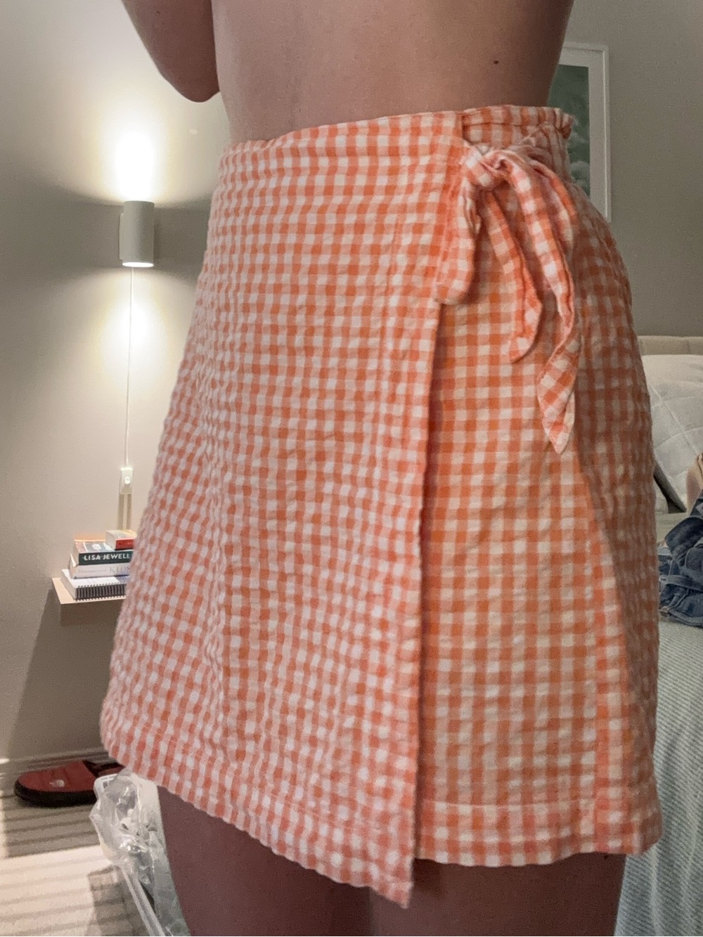 Reitmans Orange and White Gingham Wrap Mini Skirt